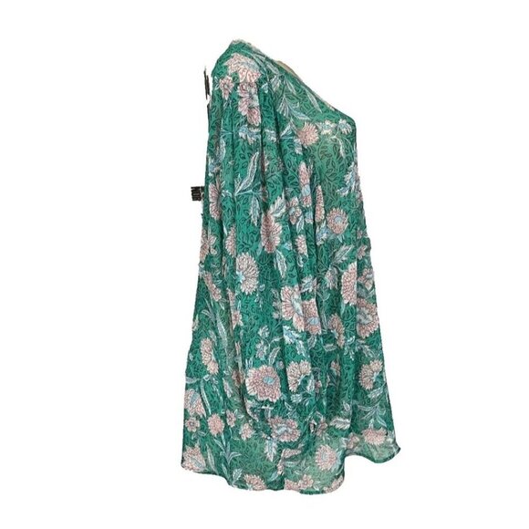 Torrid +6 Semi-Sheer Green Floral Button Down V-Neck 3/4 Blouson Sleeve Blouse - Picture 3 of 6